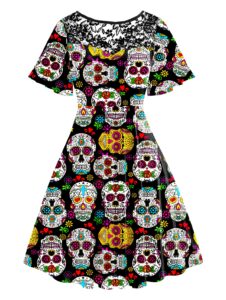 women's halloween dress day of the dead swing dresses retro lace rockabilly fit flare dress xl