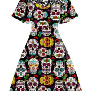 Women's Halloween Dress Day of The Dead Swing Dresses Retro Lace Rockabilly Fit Flare Dress XL