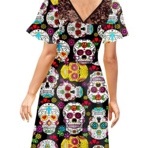 Women's Halloween Dress Day of The Dead Swing Dresses Retro Lace Rockabilly Fit Flare Dress XL