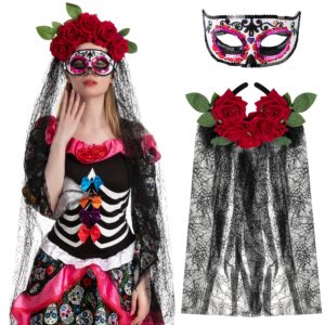 spooktacular creations 2 pcs day of the dead accessories set with rose flower crown headband and masquerade eye mask for halloween party and mexican dia muertos costume accessories
