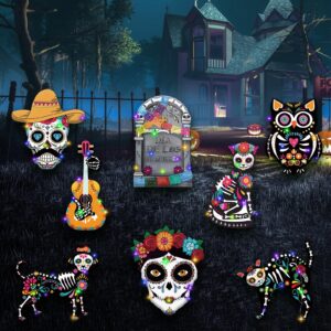 Dia De Los Muertos Yard Decorations - Day of the Dead Yard Sign for Outdoor Decorations, 8Pcs Sugar Skull Skeleton Dog Cat Owl Guitar Lawn Sign with Stakes for Yard,Lawn Halloween Decor