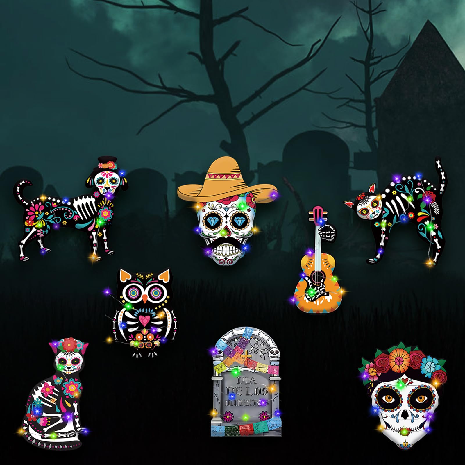 Dia De Los Muertos Yard Decorations - Day of the Dead Yard Sign for Outdoor Decorations, 8Pcs Sugar Skull Skeleton Dog Cat Owl Guitar Lawn Sign with Stakes for Yard,Lawn Halloween Decor