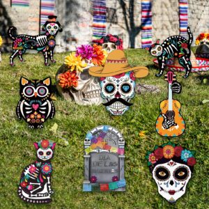 Dia De Los Muertos Yard Decorations - Day of the Dead Yard Sign for Outdoor Decorations, 8Pcs Sugar Skull Skeleton Dog Cat Owl Guitar Lawn Sign with Stakes for Yard,Lawn Halloween Decor