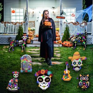 Dia De Los Muertos Yard Decorations - Day of the Dead Yard Sign for Outdoor Decorations, 8Pcs Sugar Skull Skeleton Dog Cat Owl Guitar Lawn Sign with Stakes for Yard,Lawn Halloween Decor