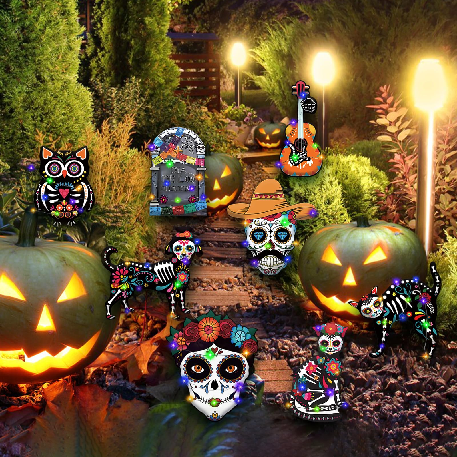 Dia De Los Muertos Yard Decorations - Day of the Dead Yard Sign for Outdoor Decorations, 8Pcs Sugar Skull Skeleton Dog Cat Owl Guitar Lawn Sign with Stakes for Yard,Lawn Halloween Decor