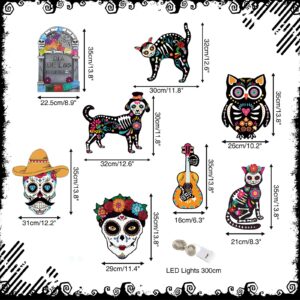 Dia De Los Muertos Yard Decorations - Day of the Dead Yard Sign for Outdoor Decorations, 8Pcs Sugar Skull Skeleton Dog Cat Owl Guitar Lawn Sign with Stakes for Yard,Lawn Halloween Decor