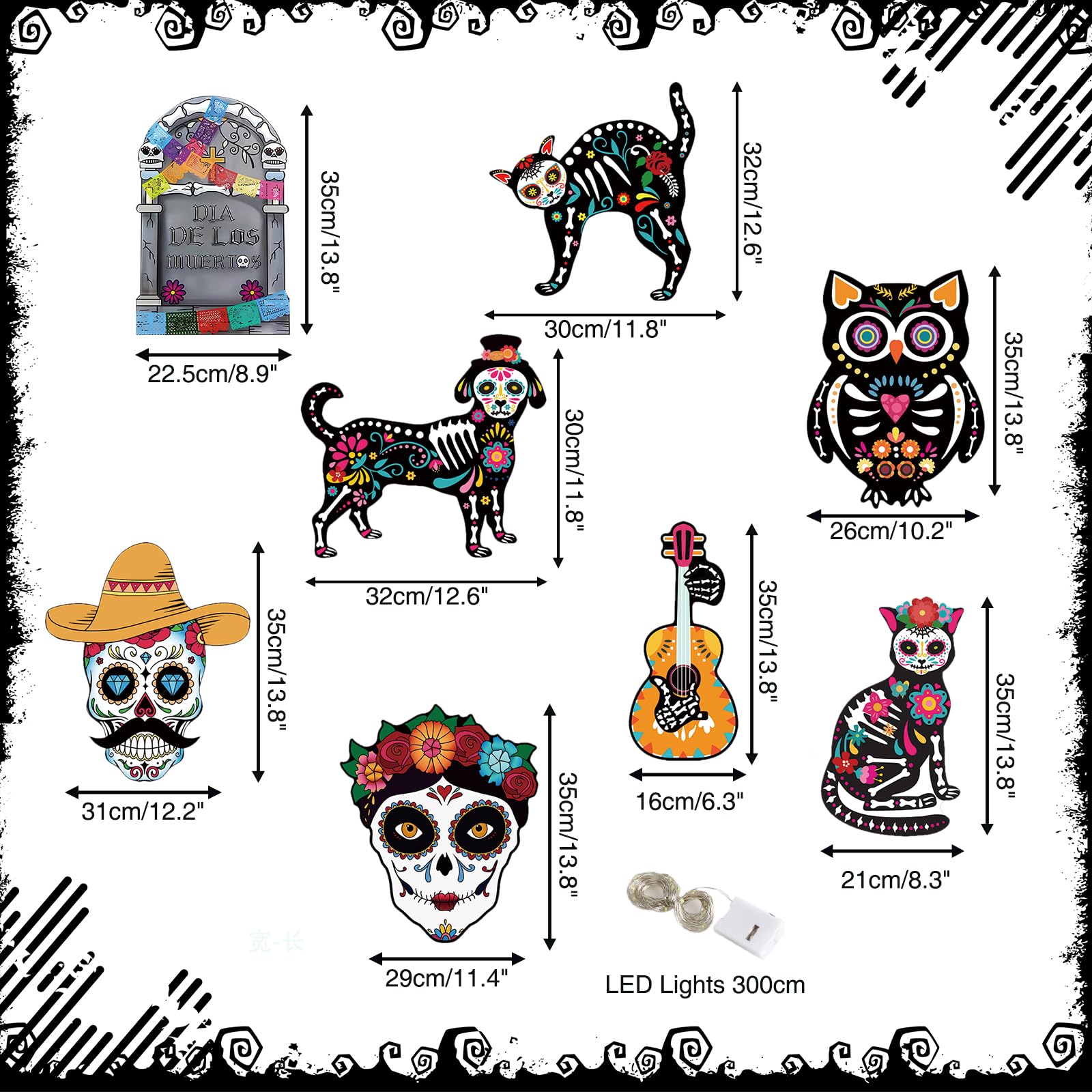 Dia De Los Muertos Yard Decorations - Day of the Dead Yard Sign for Outdoor Decorations, 8Pcs Sugar Skull Skeleton Dog Cat Owl Guitar Lawn Sign with Stakes for Yard,Lawn Halloween Decor