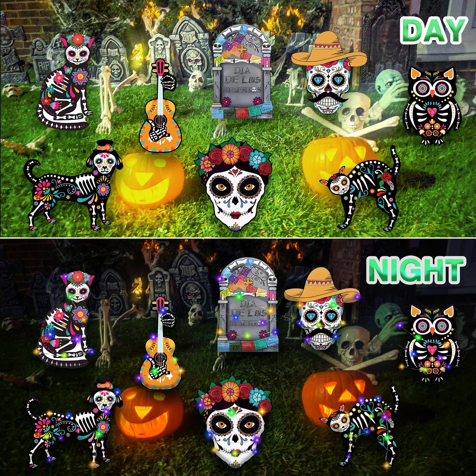 Dia De Los Muertos Yard Decorations - Day of the Dead Yard Sign for Outdoor Decorations, 8Pcs Sugar Skull Skeleton Dog Cat Owl Guitar Lawn Sign with Stakes for Yard,Lawn Halloween Decor