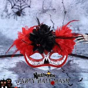 BODIY Women Red Flower Halloween Masquerade Mask Skull Day of the Dead Masks Feather Costume Eyemask Cosplay Rave Half Mask