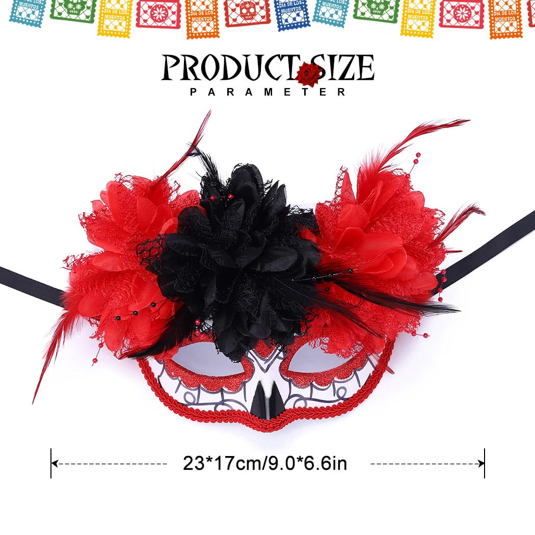 BODIY Women Red Flower Halloween Masquerade Mask Skull Day of the Dead Masks Feather Costume Eyemask Cosplay Rave Half Mask