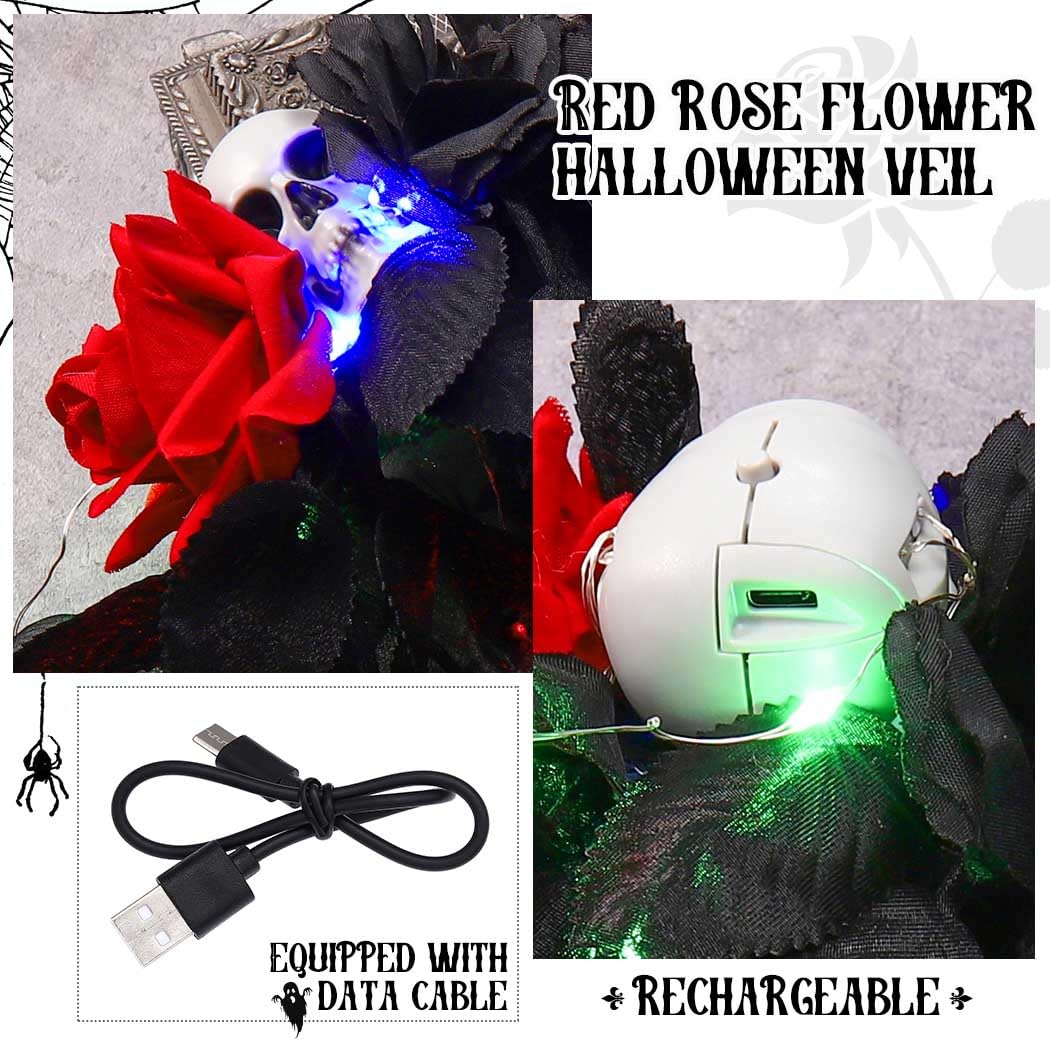 Unsutuo Led Day of the Dead Headband Veil Ligth Up Halloween Costume Headwear Gothic Skull Rose Headpiece Hair Accessories for Women