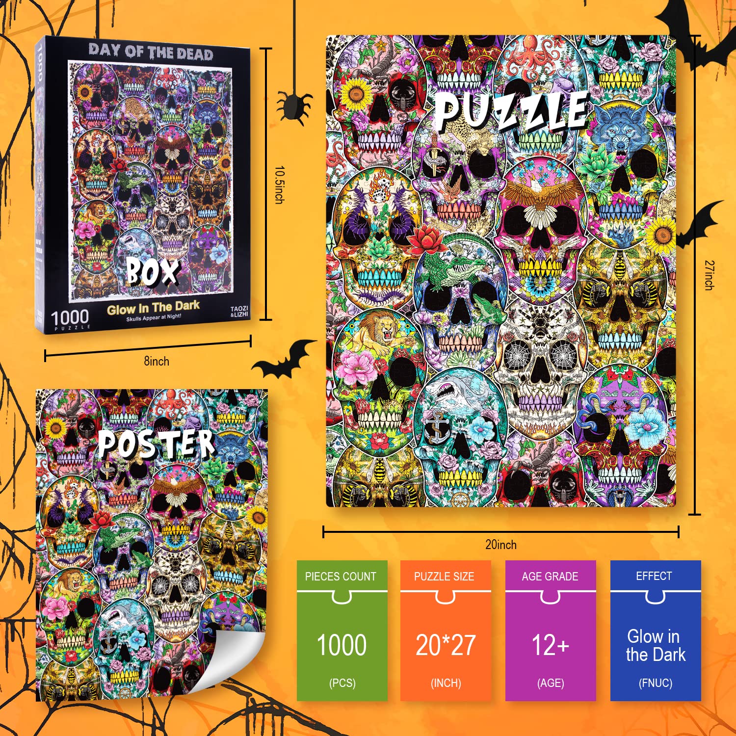 TAOZI&LIZHI Jigsaw Puzzles for Adults 1000 Piece, Halloween Puzzle Picture Family Decorations, Day of The Dead (Sugar Skulls), Party Supplies Unique Christmas Birthday Gifts for Kids and Teenagers