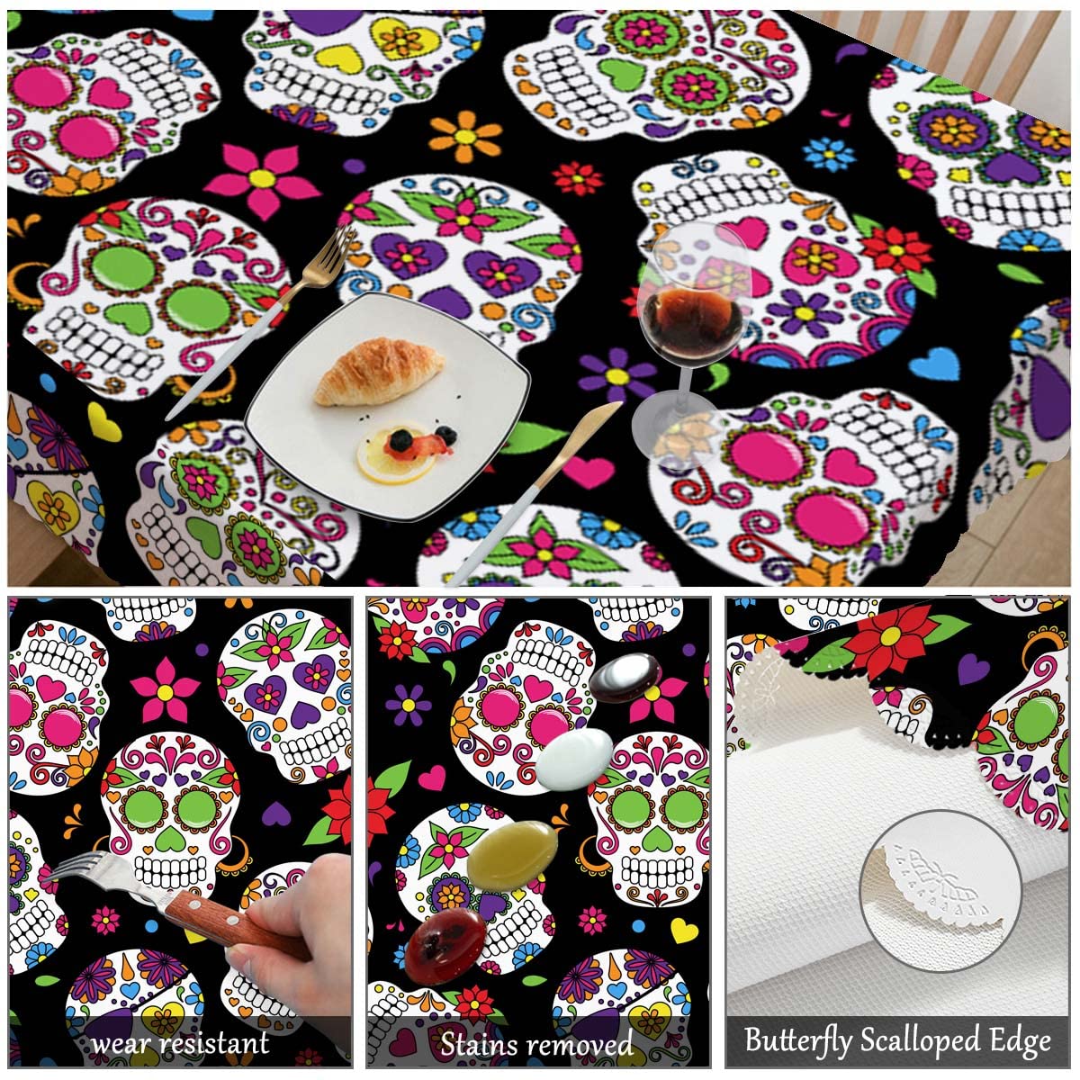 Swono Day of The Dead Table Cover Tablecloth, Colorful Mexican Sugar Skulls 50x72 Inch Table Cloth for Rectangle Tables Buffet Parties Coffee BBQ and Dinning Tablecloth