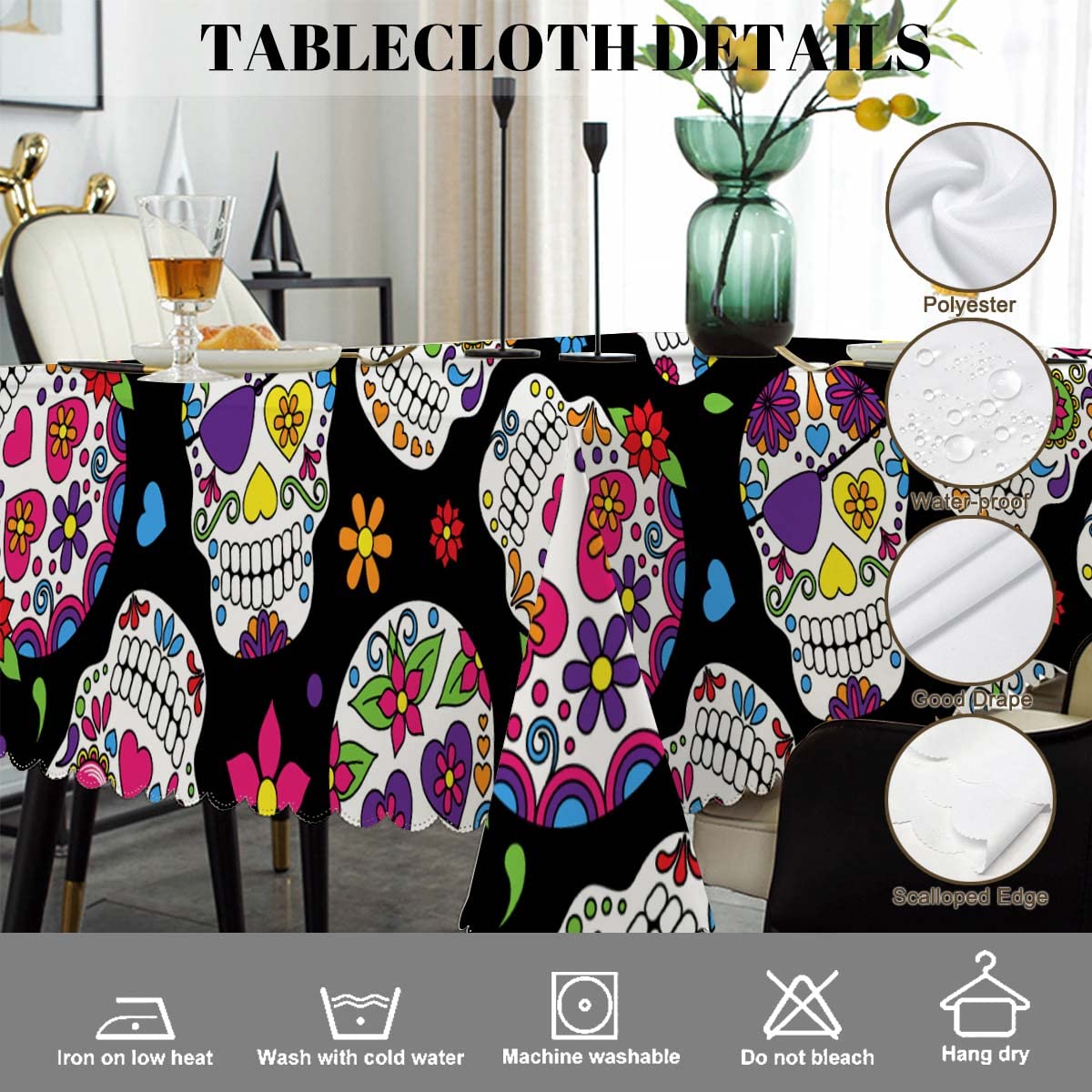 Swono Day of The Dead Table Cover Tablecloth, Colorful Mexican Sugar Skulls 50x72 Inch Table Cloth for Rectangle Tables Buffet Parties Coffee BBQ and Dinning Tablecloth