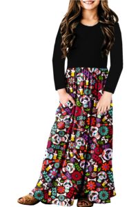 girl's halloween dresses sugar skull day of the dead skeleton cosplay maxi dress 11-12 years