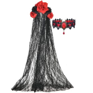 Merroyal Women's Dia de los Muertos Rose Flower Costume Headpiece Halloween Day of The Dead Veil (Black Red Rose Flower+Black Veil)