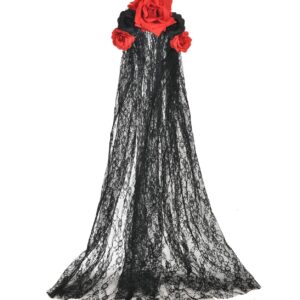 Merroyal Women's Dia de los Muertos Rose Flower Costume Headpiece Halloween Day of The Dead Veil (Black Red Rose Flower+Black Veil)