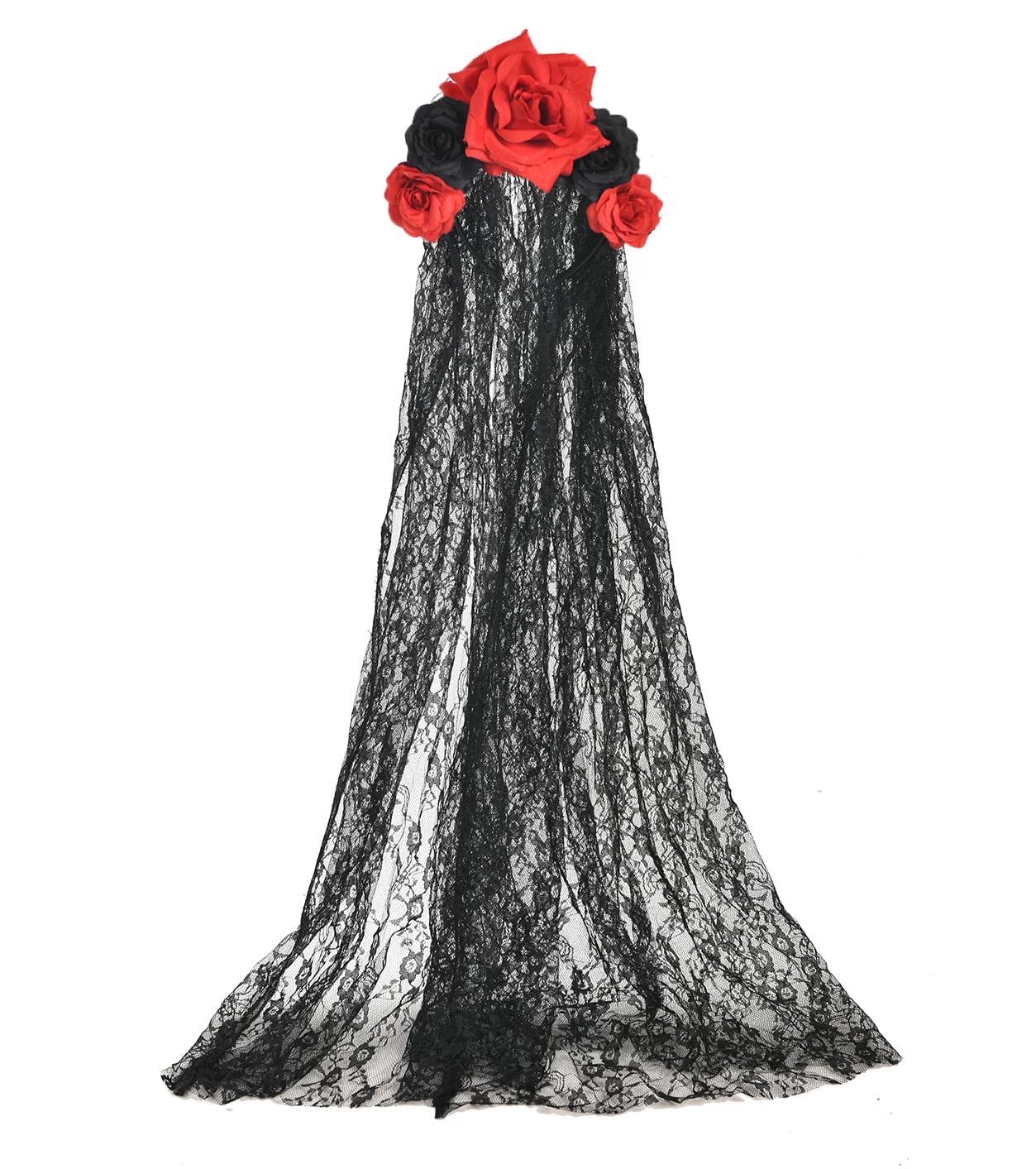 Merroyal Women's Dia de los Muertos Rose Flower Costume Headpiece Halloween Day of The Dead Veil (Black Red Rose Flower+Black Veil)