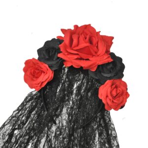 Merroyal Women's Dia de los Muertos Rose Flower Costume Headpiece Halloween Day of The Dead Veil (Black Red Rose Flower+Black Veil)