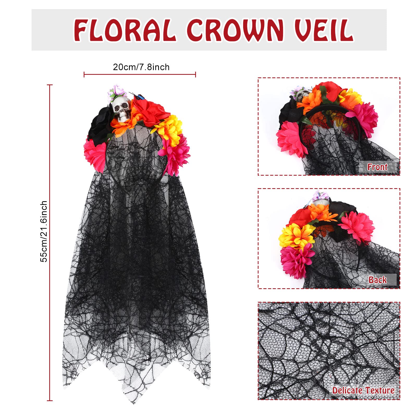 WILLBOND Day of the Dead Headband Halloween Crown Rose Floral Veil Headband with 8 Pcs Halloween Temporary Face Tattoos Dead Skull (Multi Color, Charming Style)