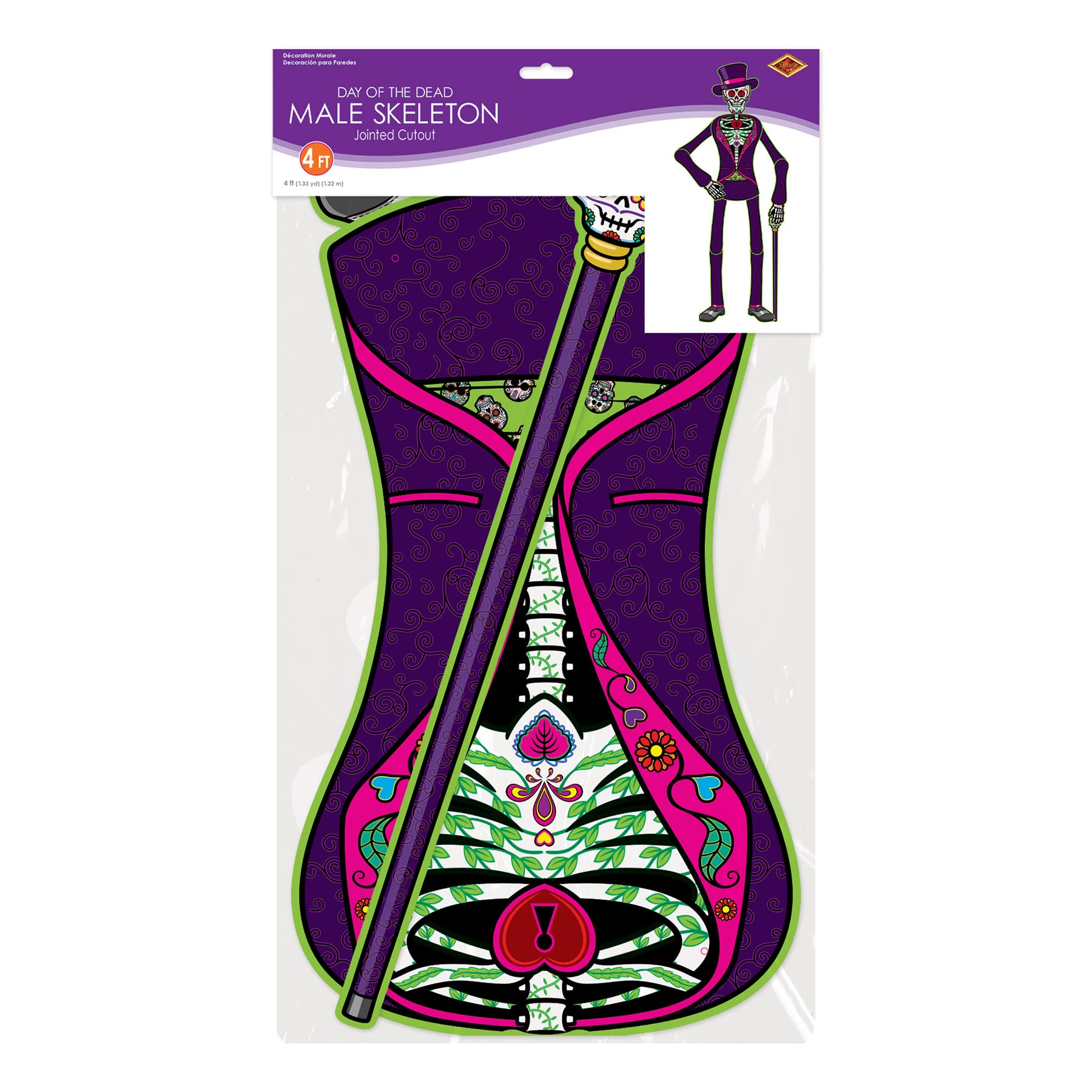 Beistle Jointed Day of The Dead Decorations Poseable Male Skeleton Cut Out for Dia De Los Muertos Party Supplies, Celebrating with You Since 1900, 4', Multicolor