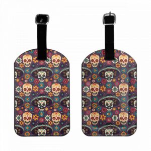 zoczos mexican sugar skulls leather luggage travel bag tags hat floral day of the dead skeleton floral design luggage tag holder name id labels set for men women kids, 1 pack