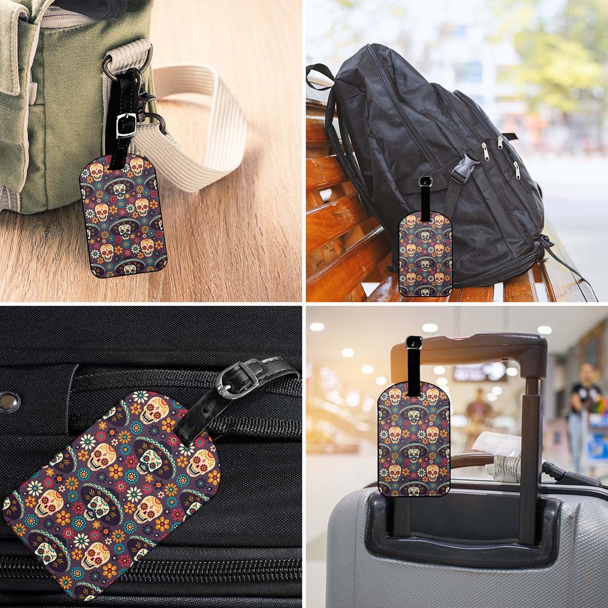 Zoczos Mexican Sugar Skulls Leather Luggage Travel Bag Tags Hat Floral Day of The Dead Skeleton Floral Design Luggage Tag Holder Name ID Labels Set for Men Women Kids, 1 Pack