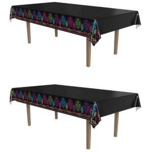 Beistle Day of the Dead Tablecovers, 54” x 108”, 2 Pieces – Plastic Table Cloth, Rectangular Tablecloth, Table Covers for Party, Mexican Tablecloth, Day of the Dead Decorations, Fiesta Party Supplies