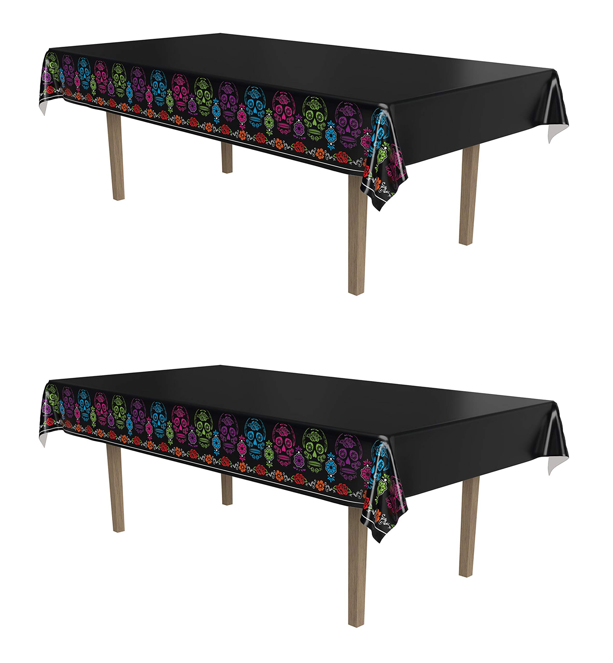 Beistle Day of the Dead Tablecovers, 54” x 108”, 2 Pieces – Plastic Table Cloth, Rectangular Tablecloth, Table Covers for Party, Mexican Tablecloth, Day of the Dead Decorations, Fiesta Party Supplies