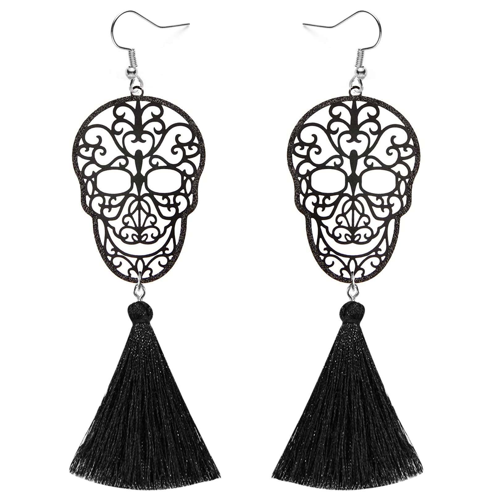 Halloween Skull Tassel Drop Dangle Earrings Black Women Girls' Handmade Punk Gothic Skeleton Fashion Statement Jewelry Lightweight Dead Day Cosplay Costume Party Favor Gift