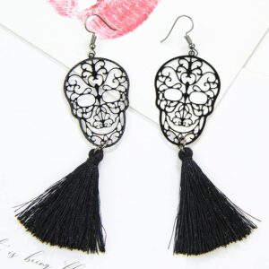 Halloween Skull Tassel Drop Dangle Earrings Black Women Girls' Handmade Punk Gothic Skeleton Fashion Statement Jewelry Lightweight Dead Day Cosplay Costume Party Favor Gift