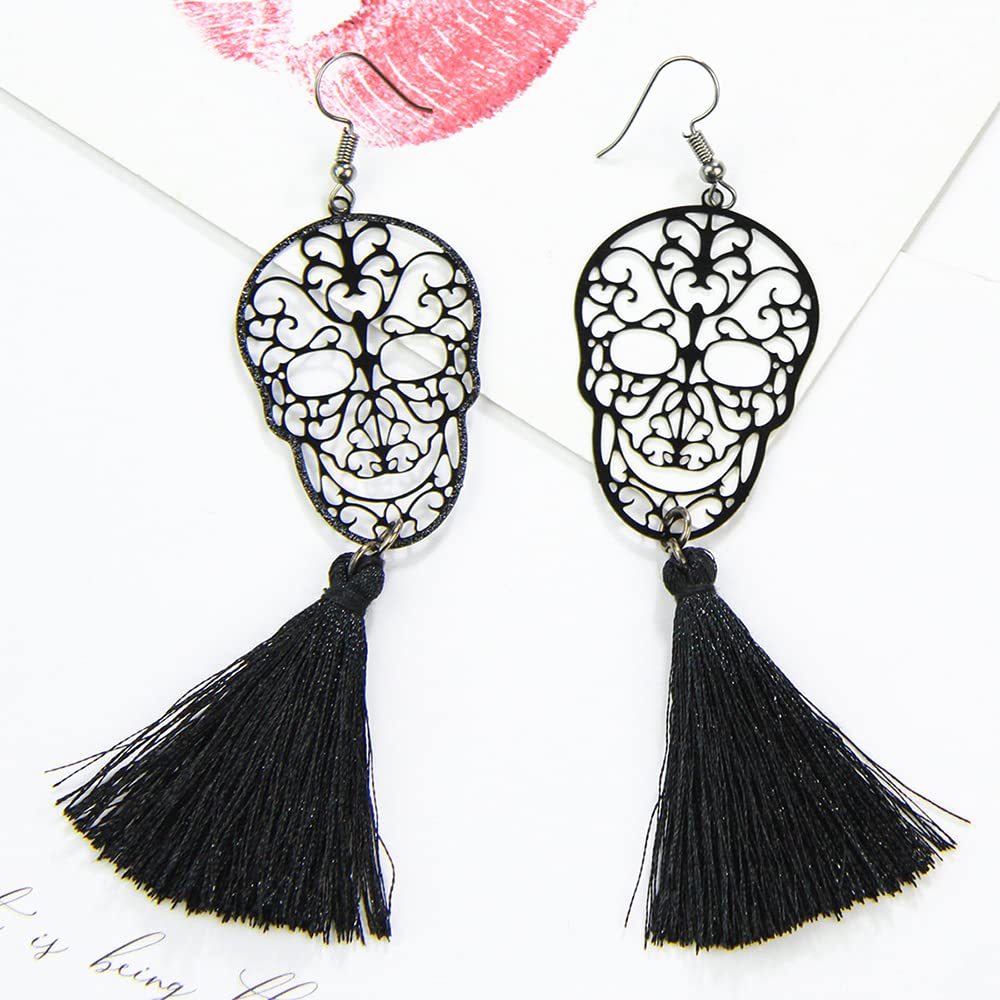 Halloween Skull Tassel Drop Dangle Earrings Black Women Girls' Handmade Punk Gothic Skeleton Fashion Statement Jewelry Lightweight Dead Day Cosplay Costume Party Favor Gift