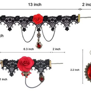 maikun Black Lace Choker Necklace Halloween Costume Jewelry Set with Bracelet Earrings, Punk Party Gothic Lolita Red Flower Rose Beads Vintage Retro choker Wristband for Women