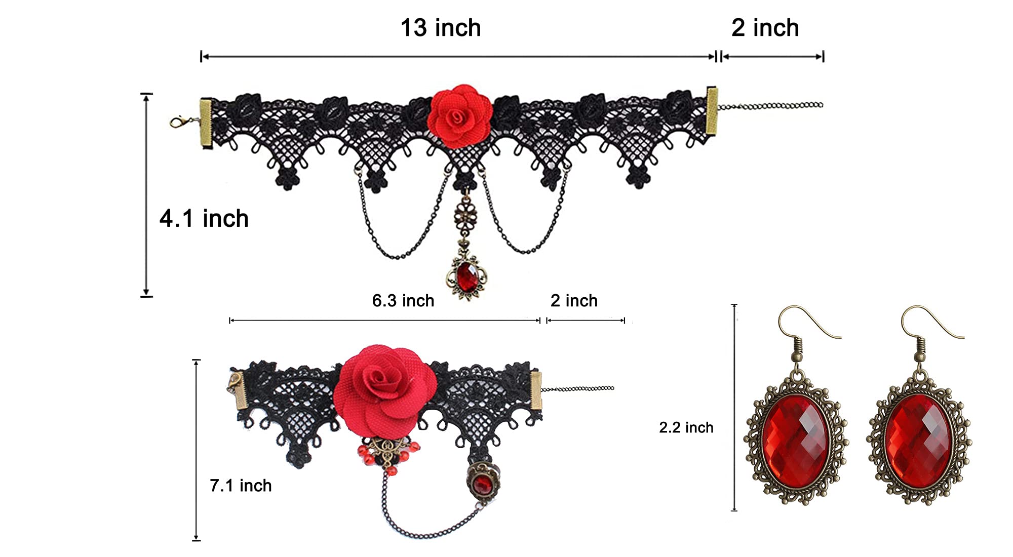 maikun Black Lace Choker Necklace Halloween Costume Jewelry Set with Bracelet Earrings, Punk Party Gothic Lolita Red Flower Rose Beads Vintage Retro choker Wristband for Women