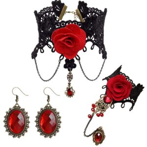 maikun Black Lace Choker Necklace Halloween Costume Jewelry Set with Bracelet Earrings, Punk Party Gothic Lolita Red Flower Rose Beads Vintage Retro choker Wristband for Women