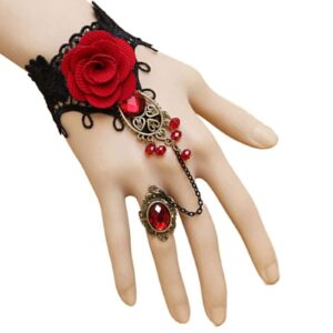 maikun Black Lace Choker Necklace Halloween Costume Jewelry Set with Bracelet Earrings, Punk Party Gothic Lolita Red Flower Rose Beads Vintage Retro choker Wristband for Women