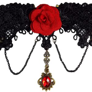 maikun Black Lace Choker Necklace Halloween Costume Jewelry Set with Bracelet Earrings, Punk Party Gothic Lolita Red Flower Rose Beads Vintage Retro choker Wristband for Women