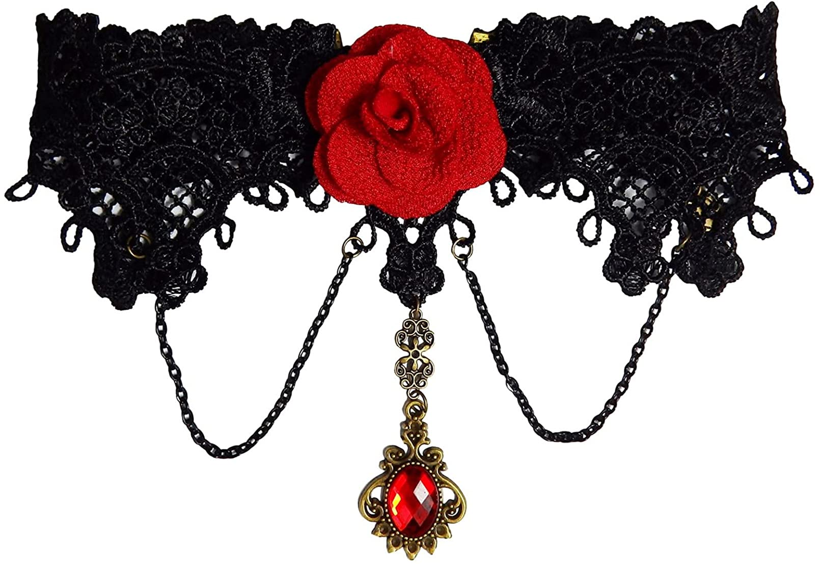 maikun Black Lace Choker Necklace Halloween Costume Jewelry Set with Bracelet Earrings, Punk Party Gothic Lolita Red Flower Rose Beads Vintage Retro choker Wristband for Women