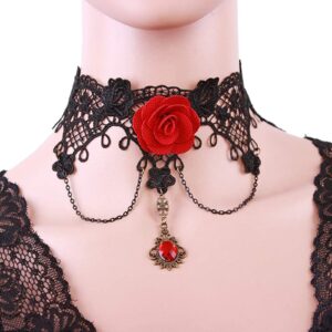 maikun Black Lace Choker Necklace Halloween Costume Jewelry Set with Bracelet Earrings, Punk Party Gothic Lolita Red Flower Rose Beads Vintage Retro choker Wristband for Women