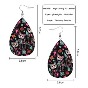 Vosach Halloween Cats Woman Earrings, Day Of The Dead Kitten Cats Skull Flowers Lightweight Leather Dangle Teardrop Earrings Jewelry For Ladies Friends