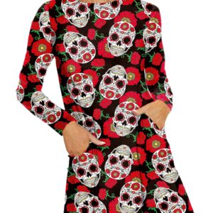 Women Sugar Skull Dresses Day of The Dead Halloween Flare Holiday Dress with Pocket XL