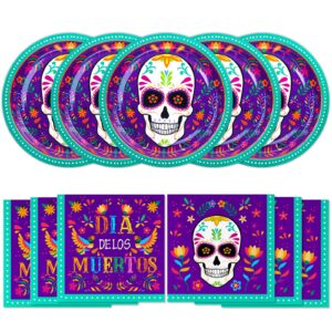 dylives day of the dead plates and napkins party supplies, dia de los muertos plates and napkins set sugar skull disposable dinnerware for mexican fiesta carnival halloween party decorations, serve 50