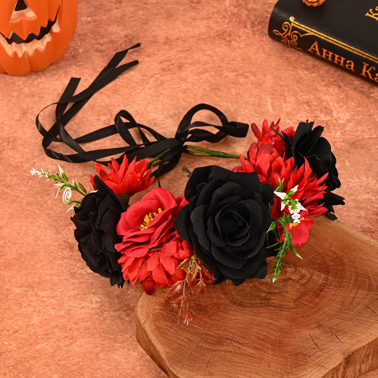 Vividsun Day of The Dead Flower Headband Rose Flower Crown Headpiece (red black)