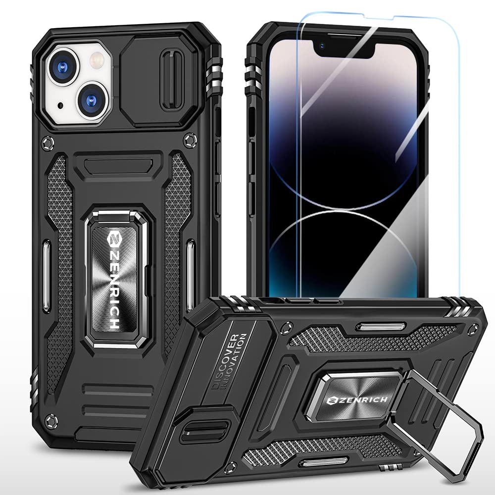 ZenRich Rugged Case for iPhone 14 Max with Tempered Glass Screen Protector, Slide Camera Cover & Kickstand, Military Grade Drop Proof Protective Case Compatitable with Magnetic Holder, Black