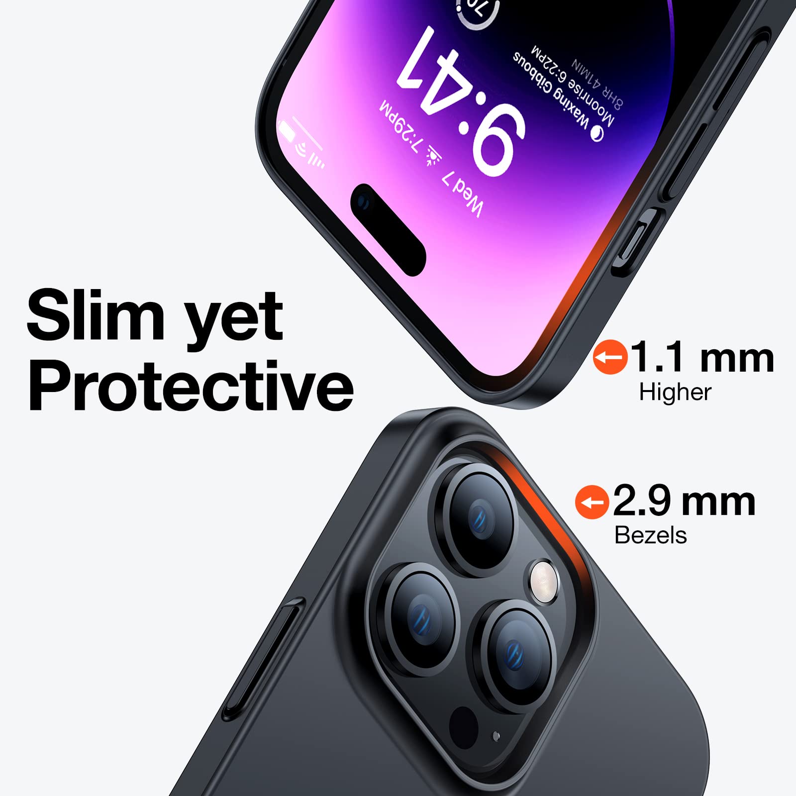 TORRAS Slim Yet Shockproof for iPhone 14 Pro Max Phone Case with 2X Tempered Screen Protectors, [Mil-Grade Drop Tested] Thinner Yet Tougher Protective iPhone 14 Pro Max Case 6.7 inch, Matte Black