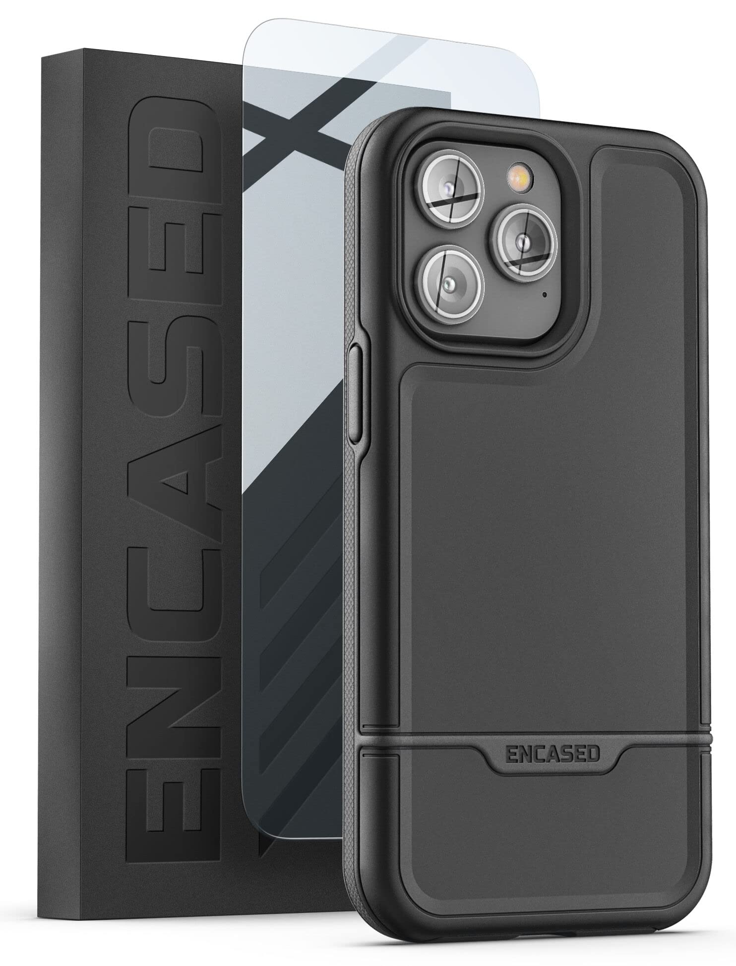 ENCASED Heavy Duty iPhone 14 PRO MAX Case with Screen Protector, Ultra Protective Military Grade [10Ft Drop Rated] Dual Hybrid Rugged Cover (Rebel Series) (Black)