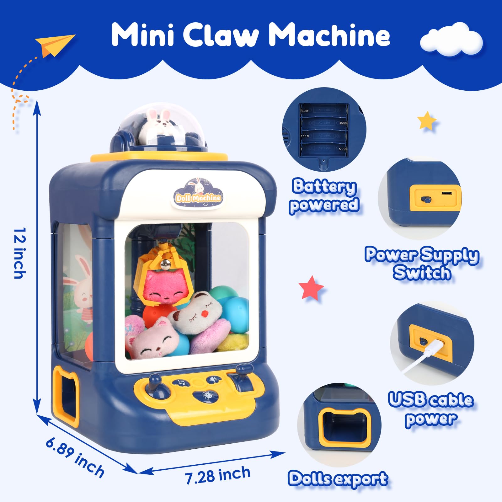 Salate Claw Machine for Kids, Mini Rabbit Vending Machine Candy Grabber Prize Dispenser Toy Gift for Girls Boys, Adjustable Music and Light, Includes 10 Mini Plush Toys 10 Plastic Toys Refill Prizes