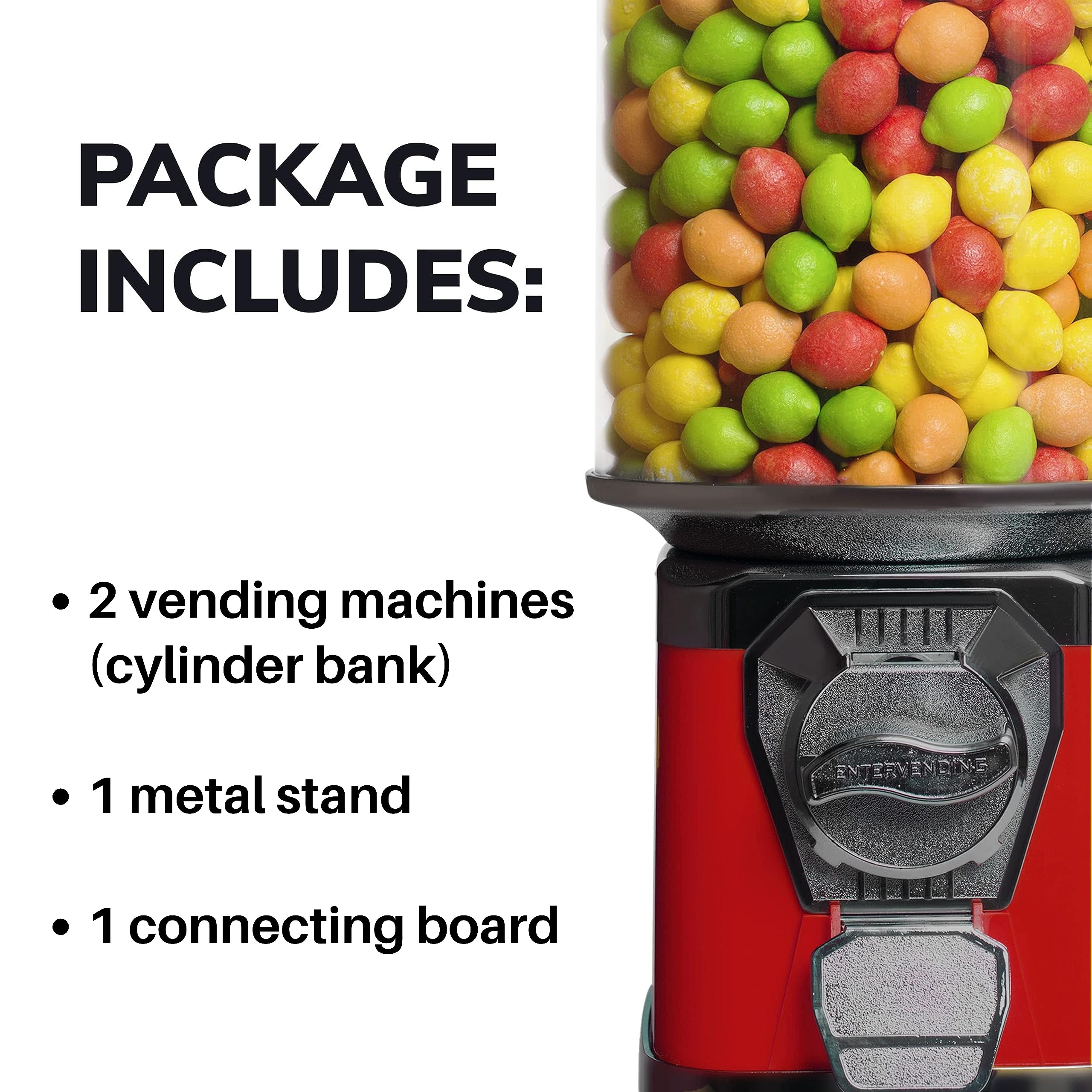 Gumball Machine for Kids - 2 Vending Machines with Stand & Connecting Board Bundle - Bubble Gum Red Vending Machine and Black Metal Stand Bundle - Coin Gumball Machine