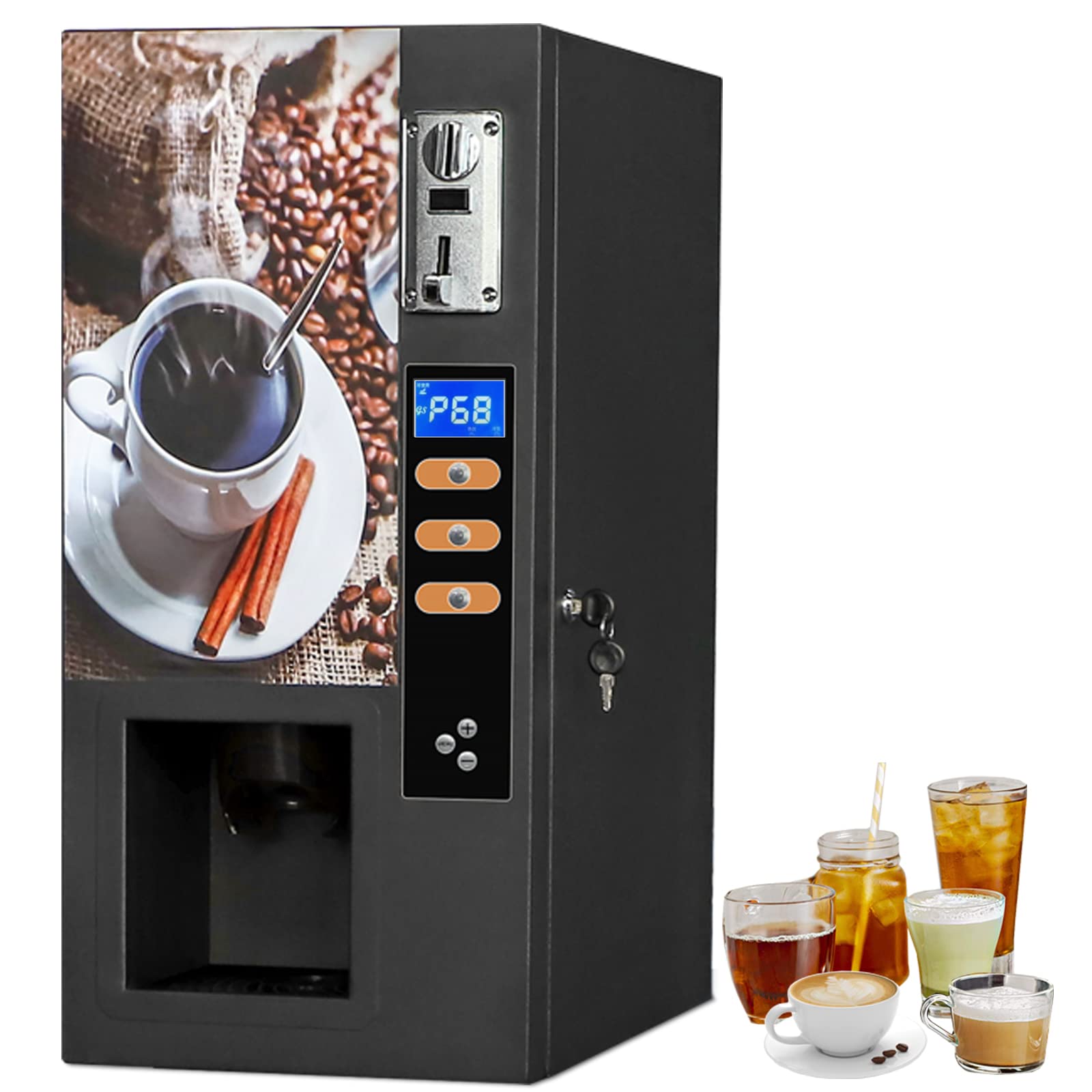 ROOMEDAL Coffee Vending Machine, Smart Commercial Self Coin Payment, 3 Flavor Instant Hot Coffee Vending Machine Coffeemaker, Automatic Cup Drop System (Coin Payment)