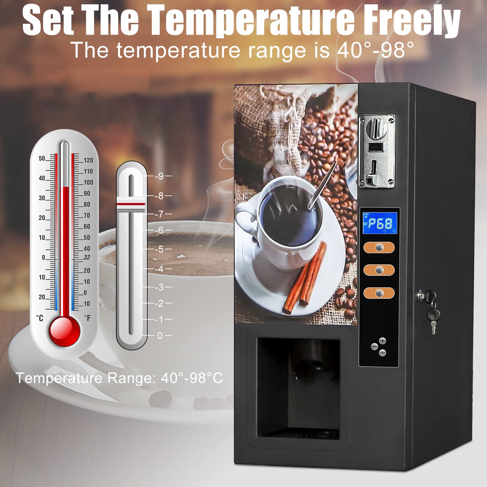 ROOMEDAL Coffee Vending Machine, Smart Commercial Self Coin Payment, 3 Flavor Instant Hot Coffee Vending Machine Coffeemaker, Automatic Cup Drop System (Coin Payment)